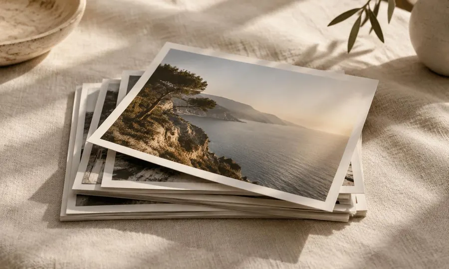 Stack of glossy landscape prints on linen in soft morning light