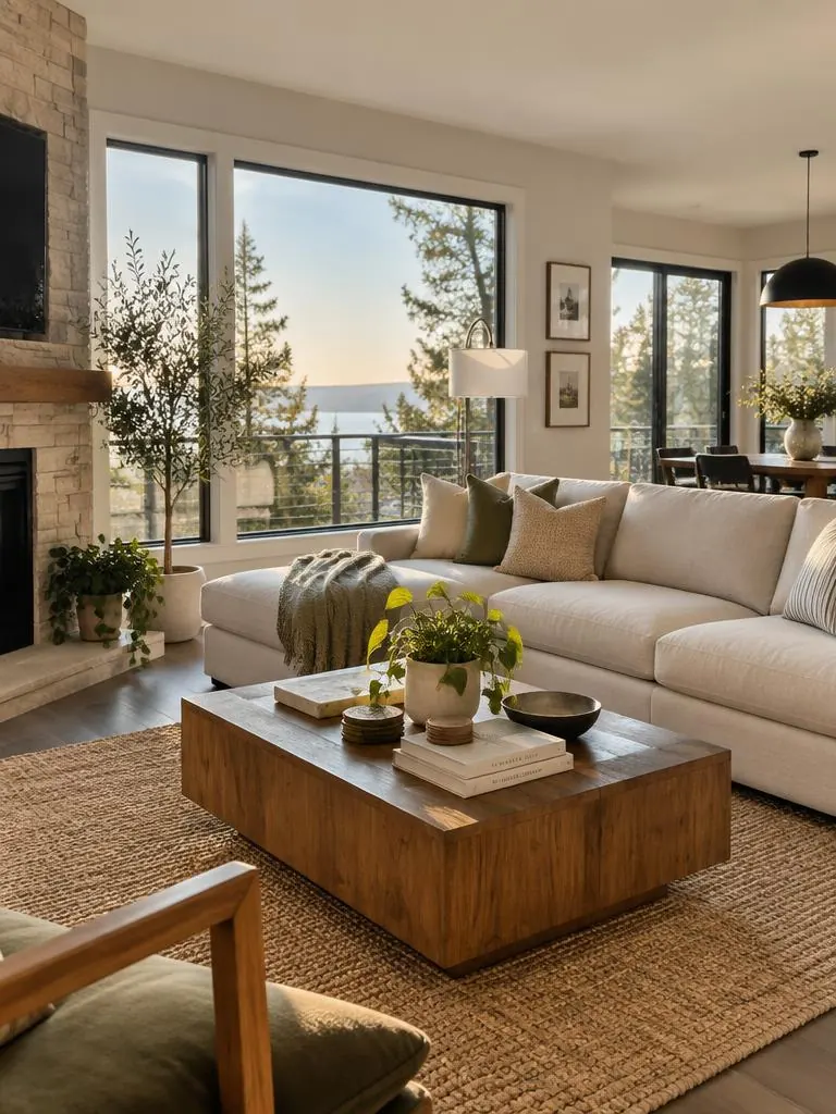 Bright modern living room with large windows in a vacation rental listing