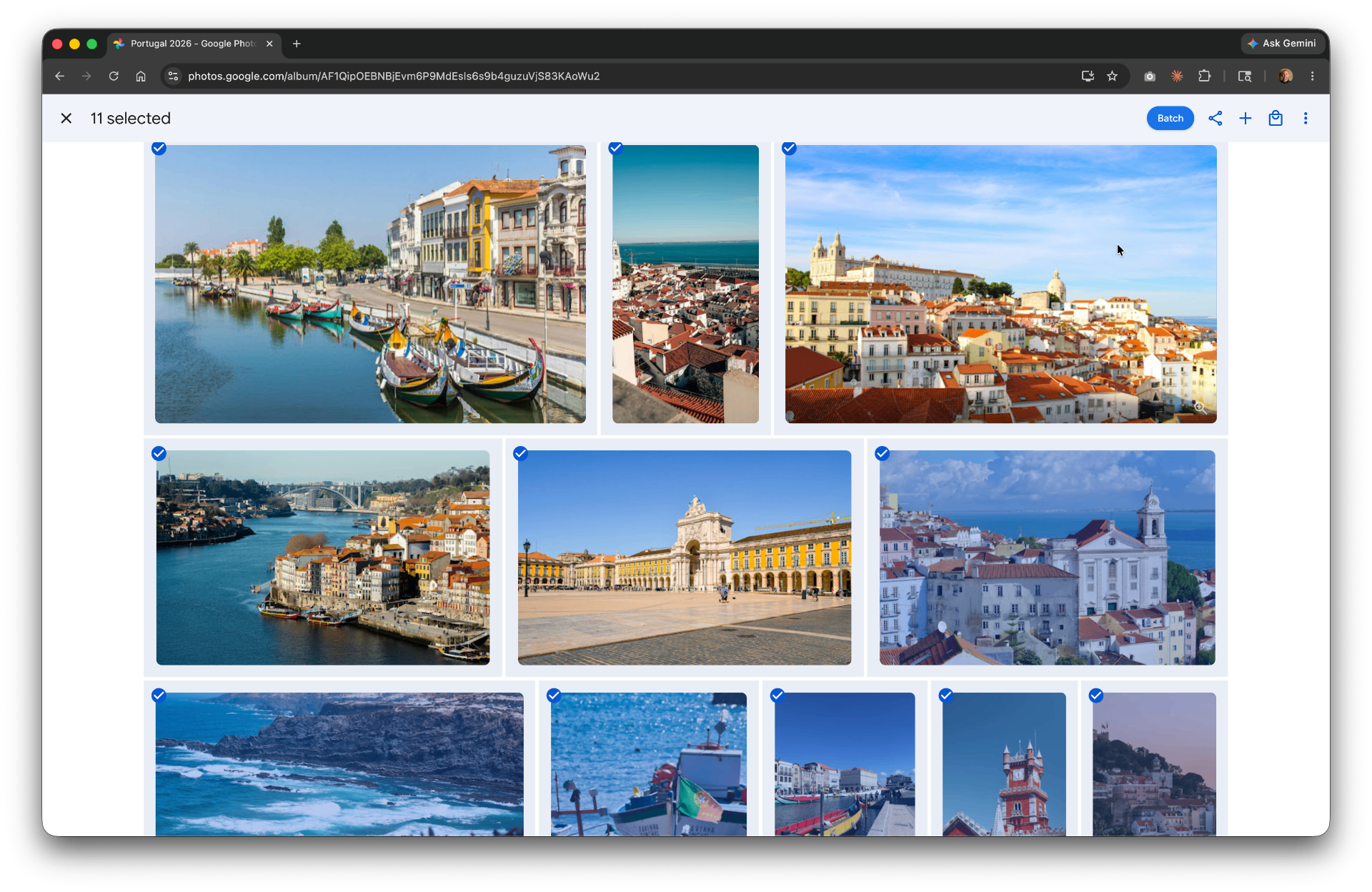 Google Photos with multiple photos selected and the Batch button visible in the toolbar.