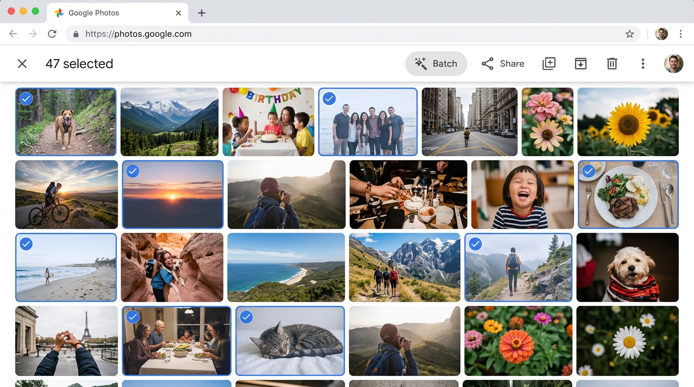 Google Photos with multiple photos selected and the Batch button visible in the toolbar.