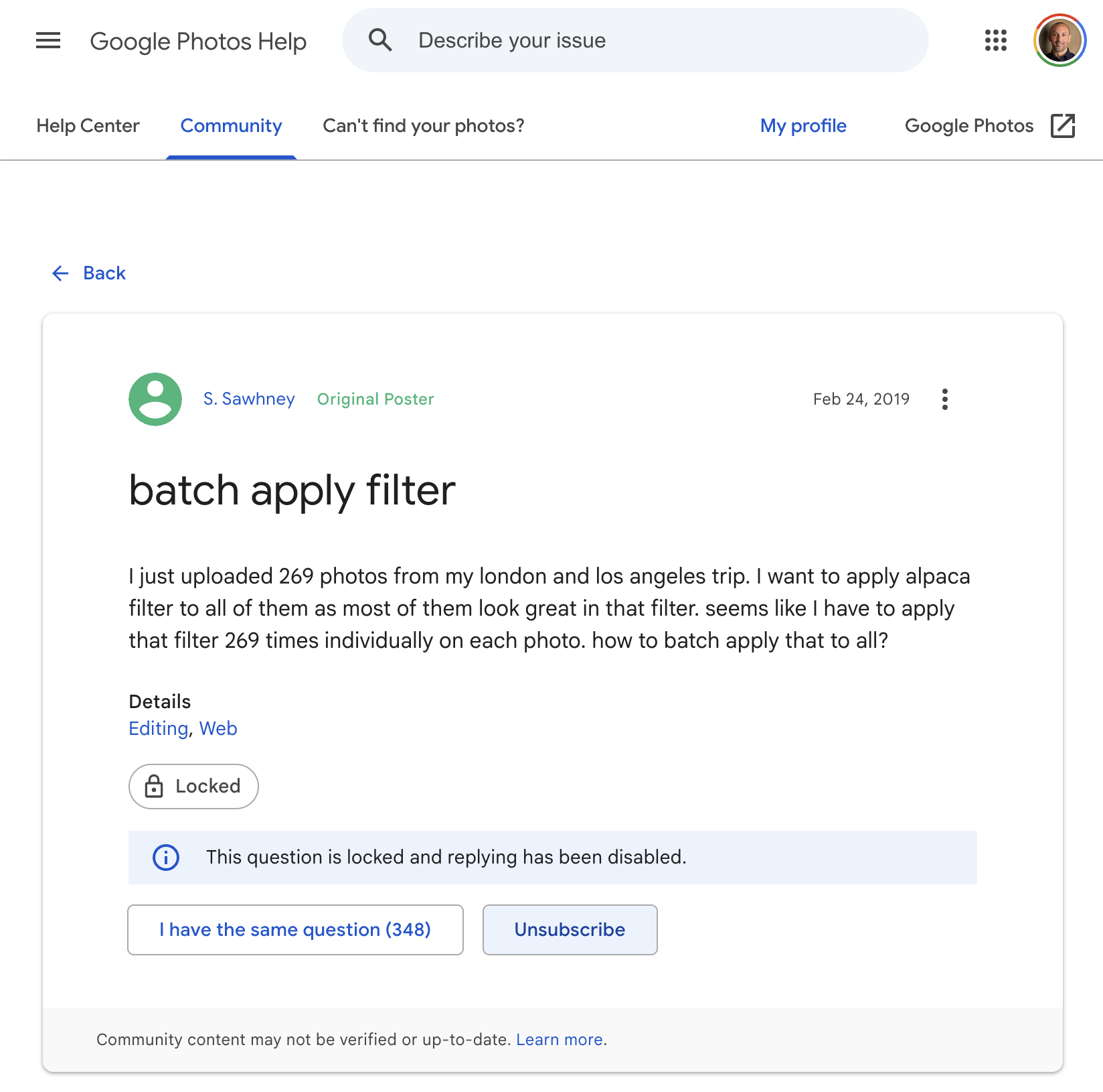 Google Photos Help Community thread titled 'batch apply filter' from February 24, 2019, marked Locked with 348 'I have the same question' votes.
