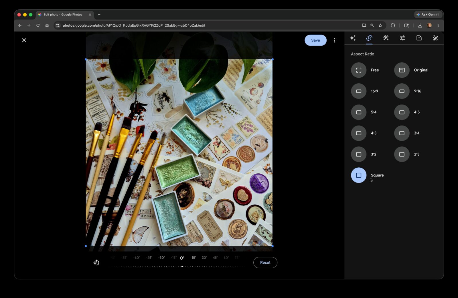 Google Photos crop editor open on a flat-lay product shot with the Square aspect ratio selected in the right-hand panel.