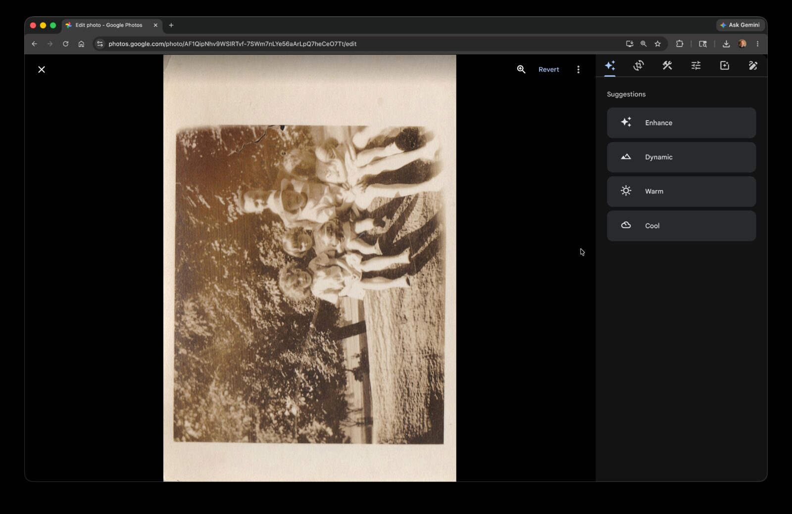 Google Photos Suggestions panel open on a sepia-toned scanned family snapshot with Enhance, Dynamic, Warm, and Cool options listed.