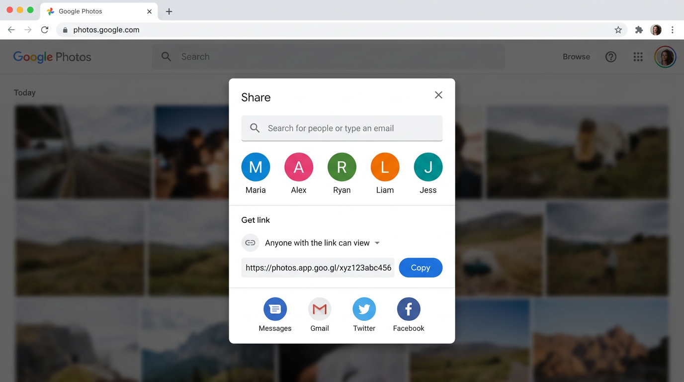 The Google Photos share dialog showing link-sharing options for an album.