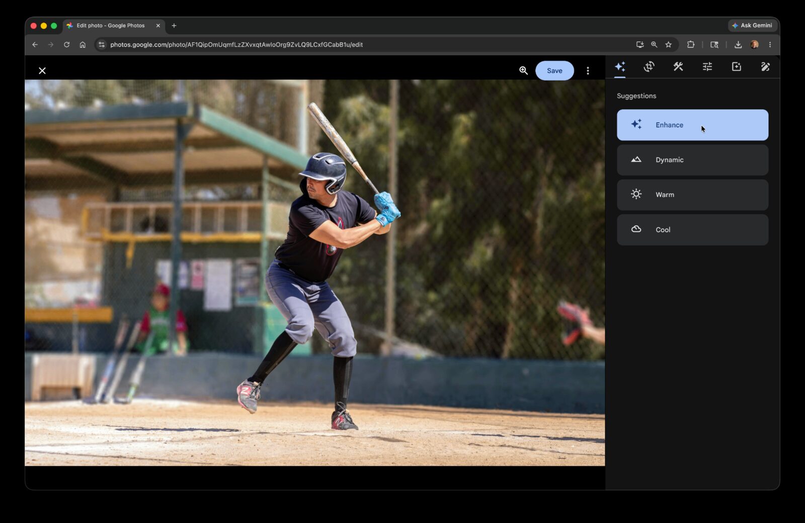 Google Photos Suggestions panel open on a baseball batter at the plate with the Enhance option highlighted.