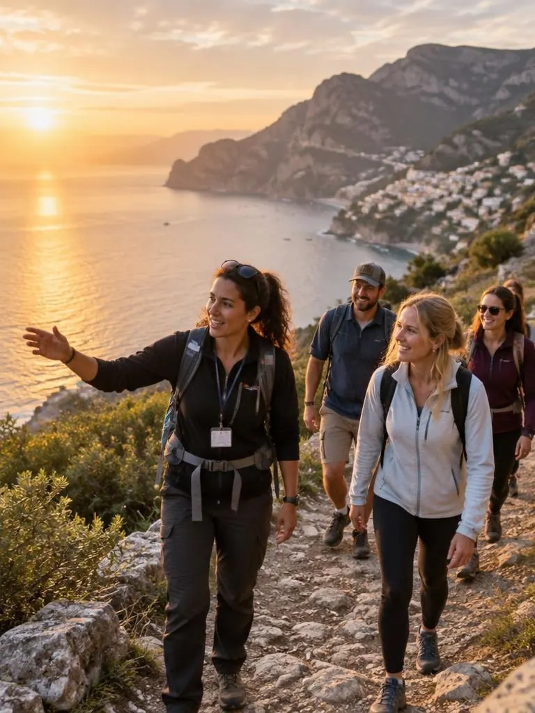 Tour guide leading a small group of travelers along a coastal trail at sunset