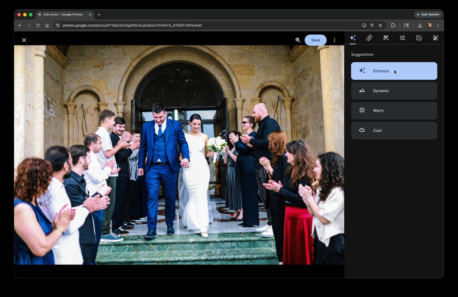 Google Photos editor open on a wedding portrait with the Enhance suggestion highlighted in the right-hand panel.